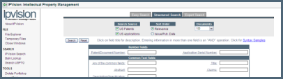 Patent Search Screen Example from patent software - IPVision Advantage and See-the-forest.com